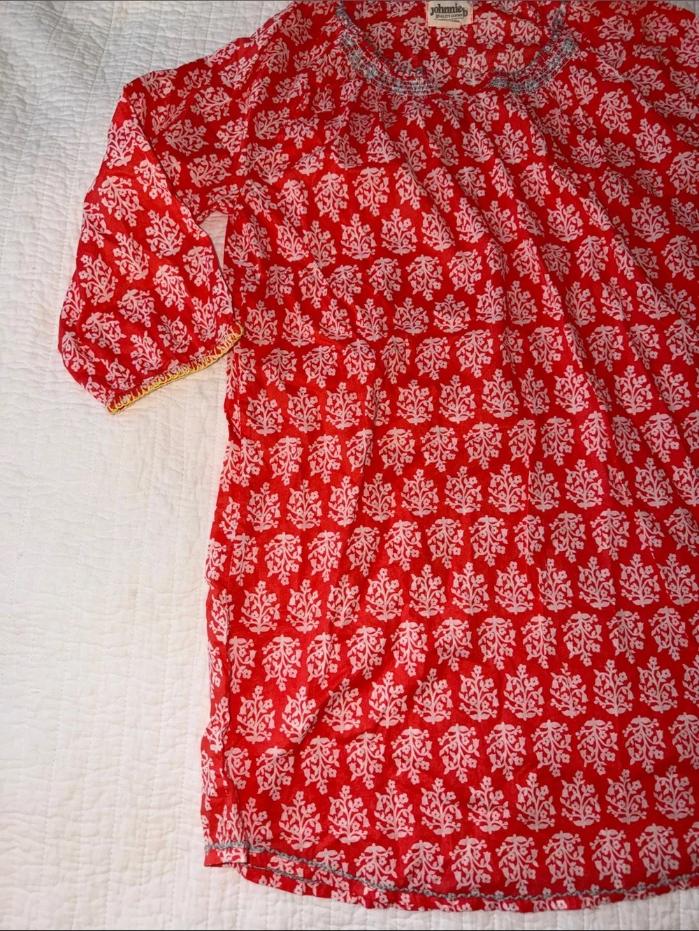 Red Printed Tunic Dress with White Floral Motif